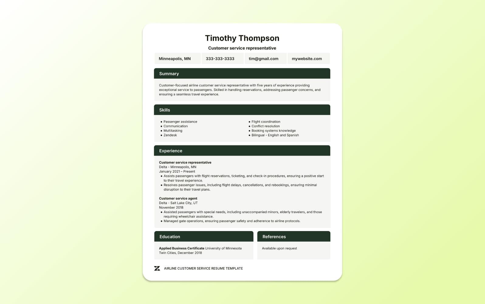 A screenshot of an airline customer service resume highlighting experience in high-stress environments, travel logistics, and reservation systems.