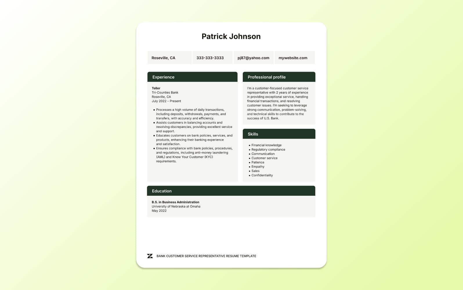 A screenshot of a bank customer service resume template, focusing on financial product knowledge, transaction handling, and customer trust.