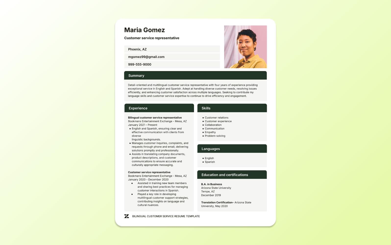 A screenshot of a bilingual customer service resume template, clearly indicating language proficiencies and cross-cultural communication skills.