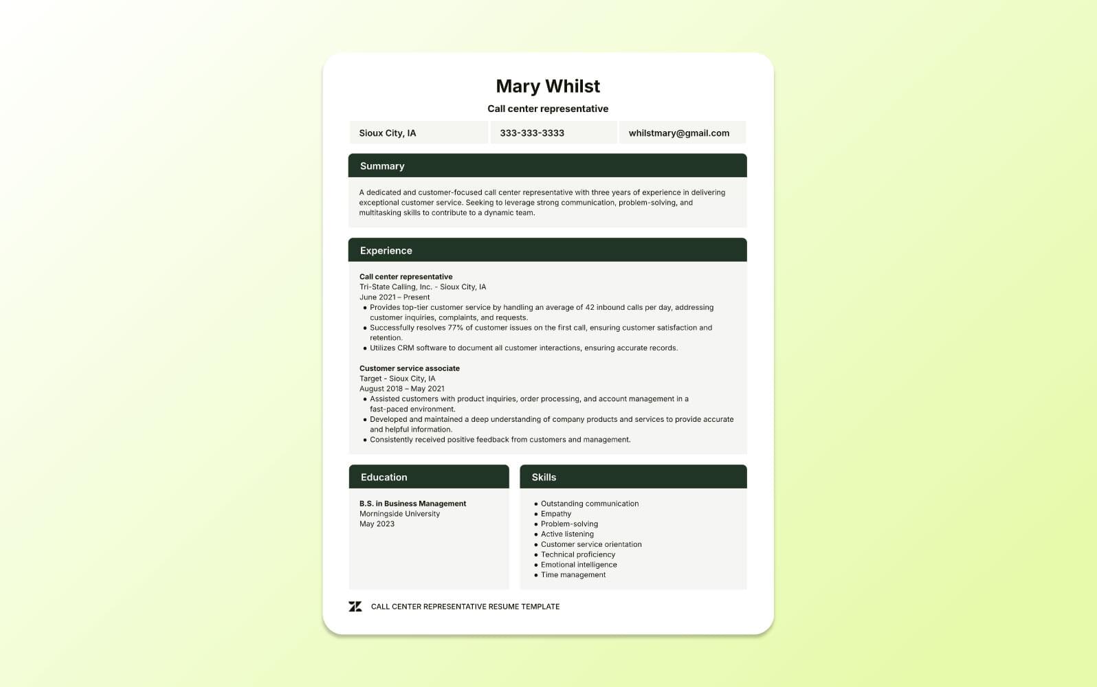 A screenshot of a call center representative resume template, detailing high-volume call handling, communication skills, and performance metrics