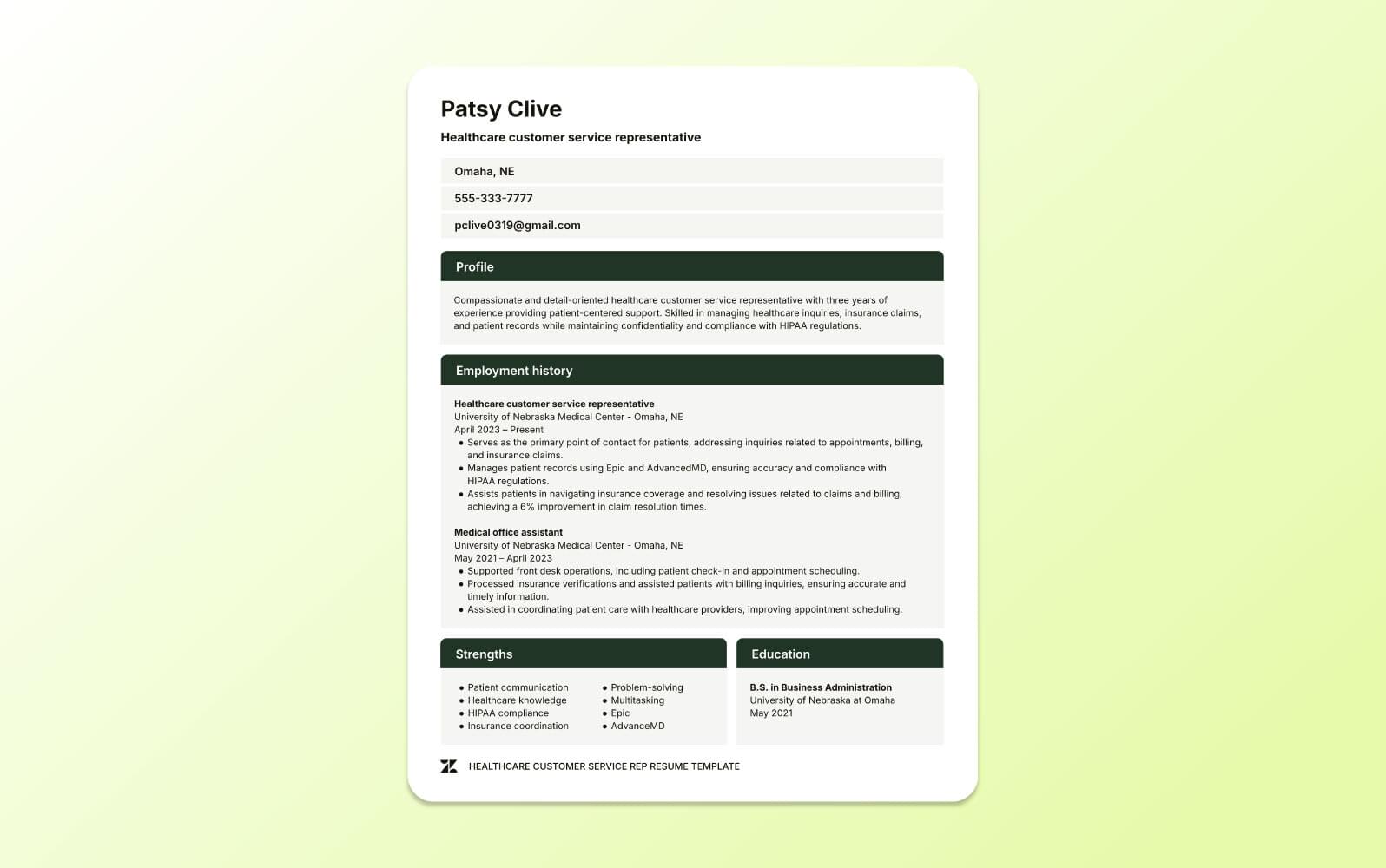 A screenshot of a healthcare customer service resume emphasizing patient care experience, regulatory knowledge, and relevant industry tools.