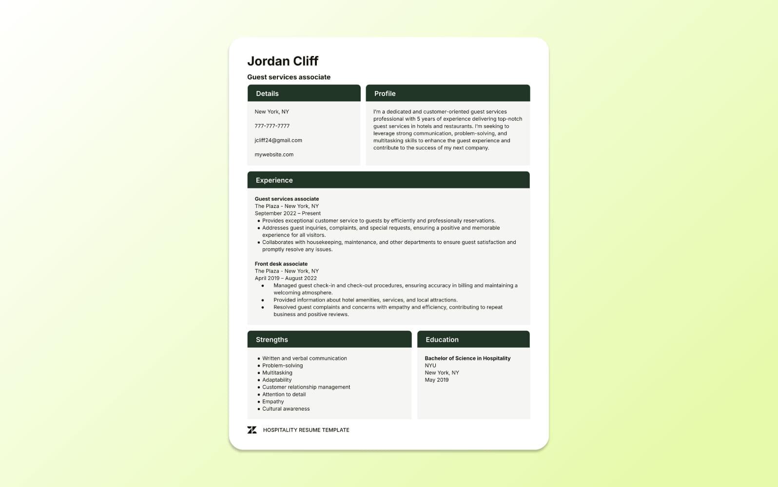 A screenshot of a hospitality customer service resume highlighting guest relations, service excellence, and experience with hospitality management systems.