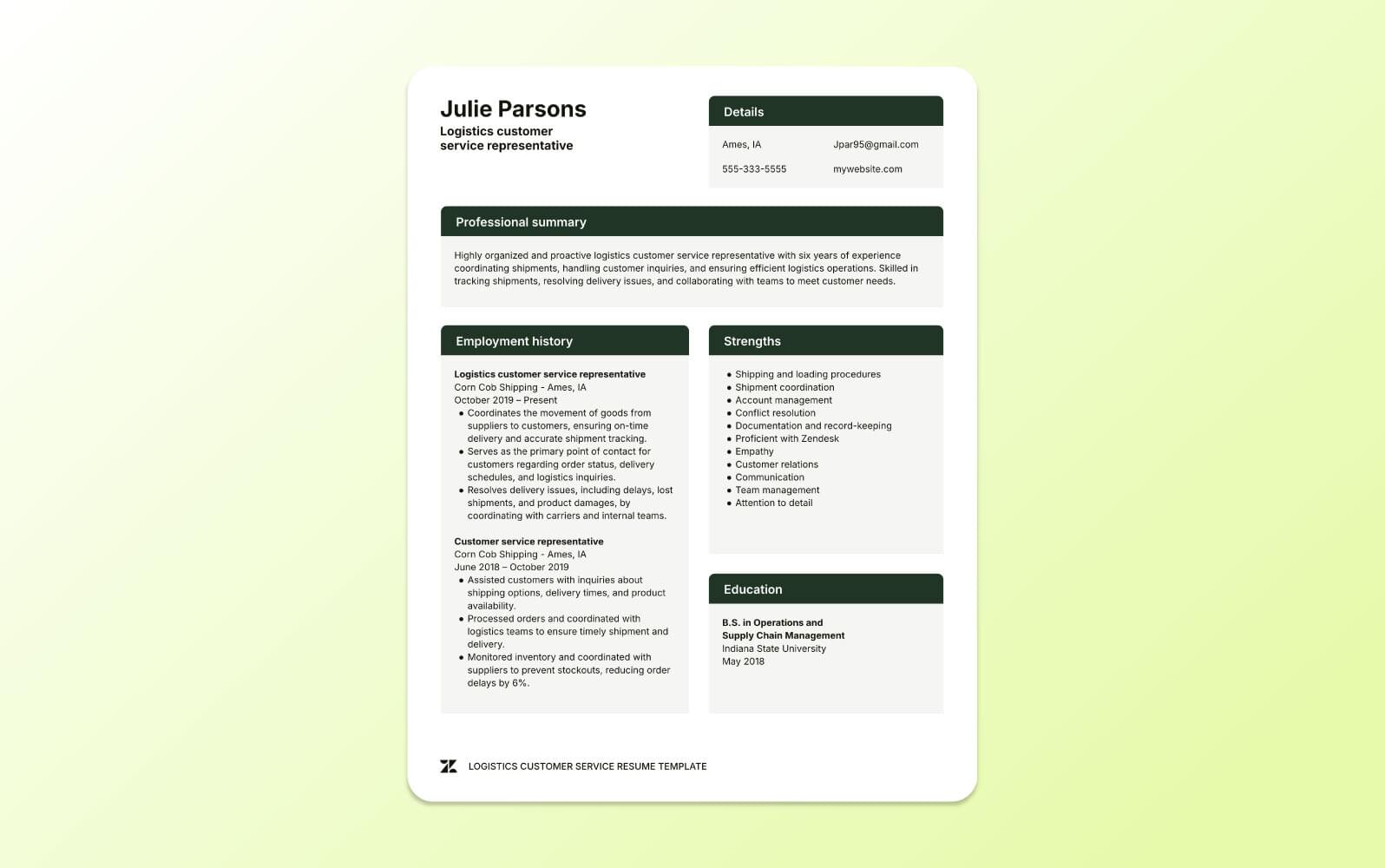 A screenshot of a logistics customer service resume template, focusing on supply chain knowledge, order fulfillment, and coordination skills.