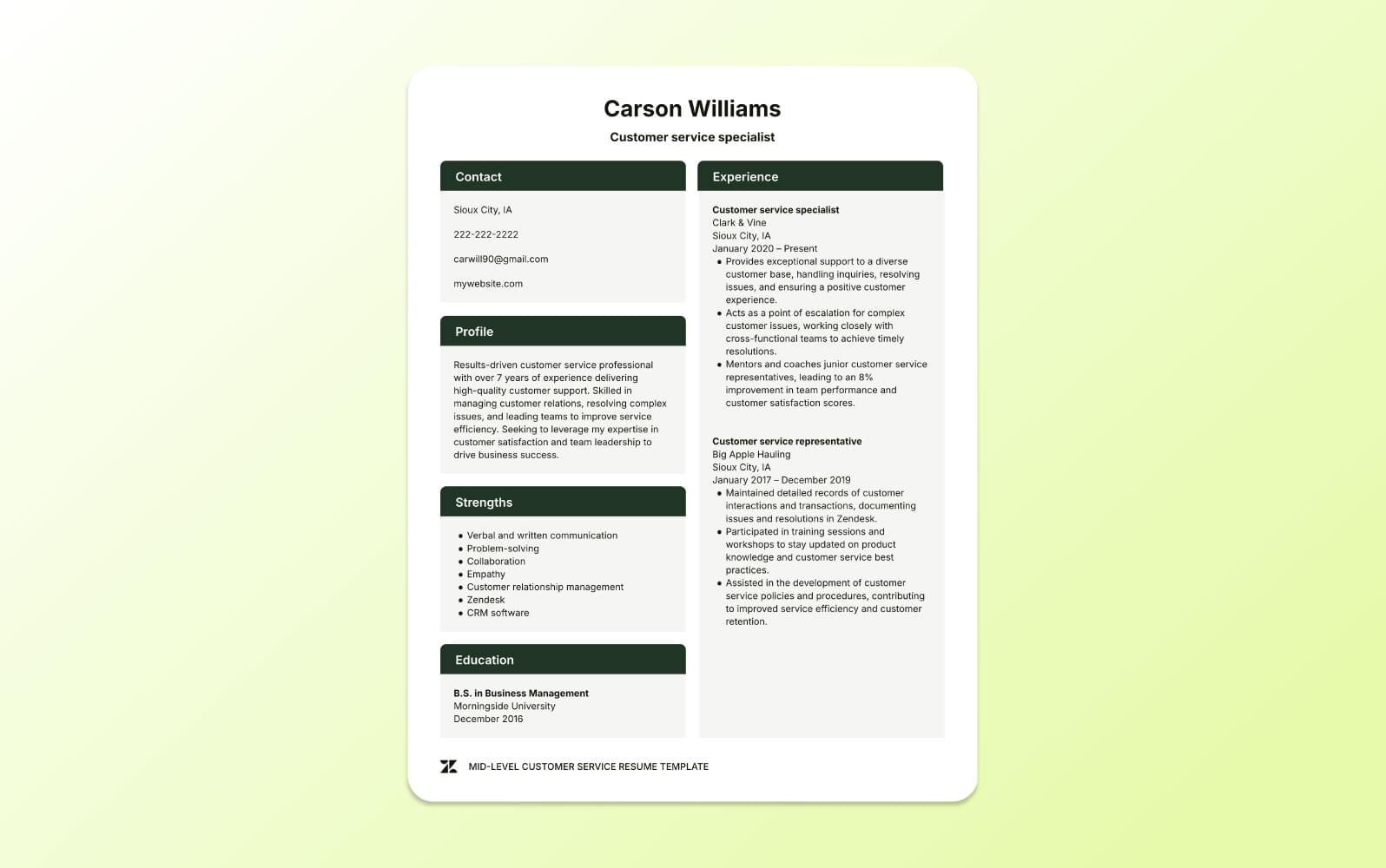 A screenshot of a mid-level customer service resume showcasing career progression, advanced problem-solving, and mentoring experience.