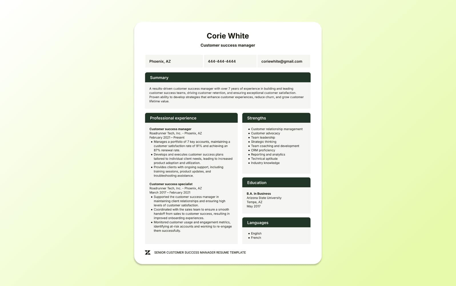 A screenshot of a senior customer success manager resume highlighting strategic account management, retention strategies, and leadership in customer advocacy.