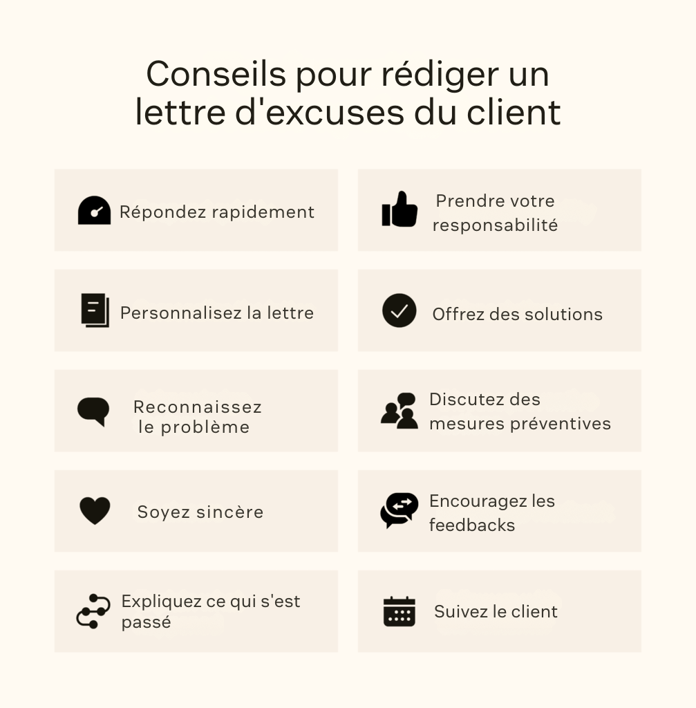 Cette liste présente des conseils pour la rédaction d’une lettre d’excuse à un client.