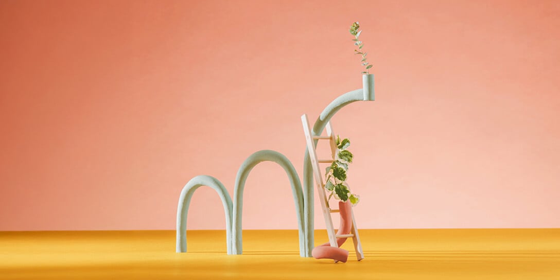 An abstract set of arches holding up a ladder with a vine growing around it.