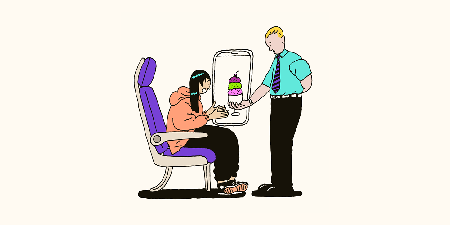 A flight attendant hands a traveler an ice cream sundae, representing how AI in transportation helps deliver rewarding customer experiences.