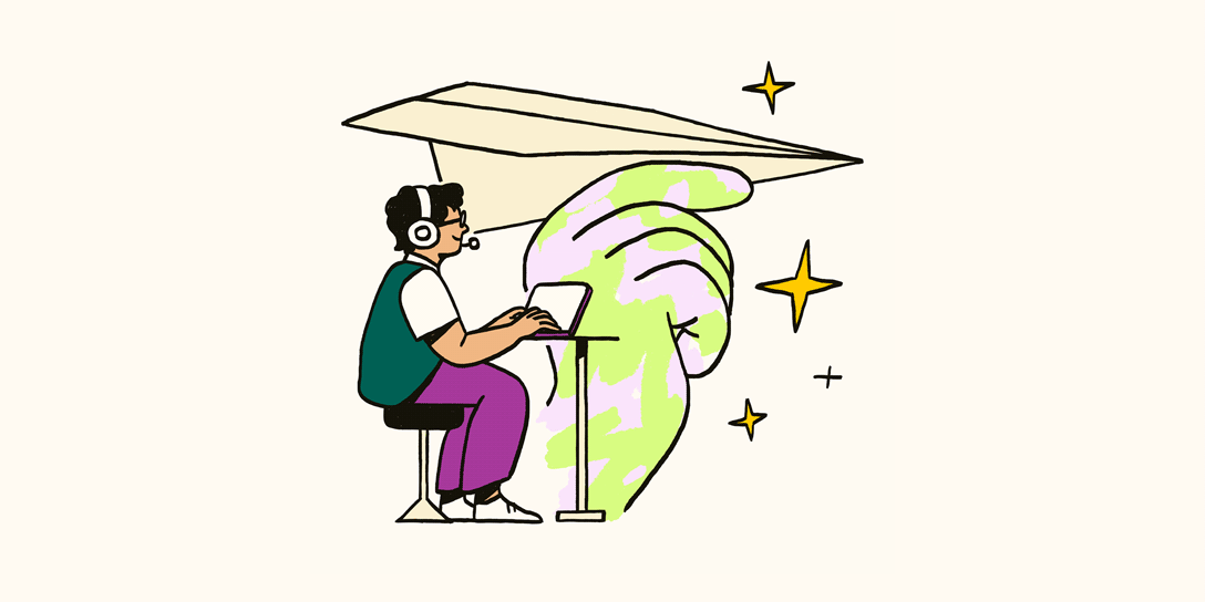 An individual sits and types at a desk while a giant green and blue hand holds a large paper airplane in the background.