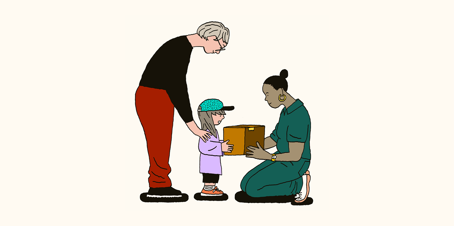 A woman gives a child a present, showing the importance of customer value.