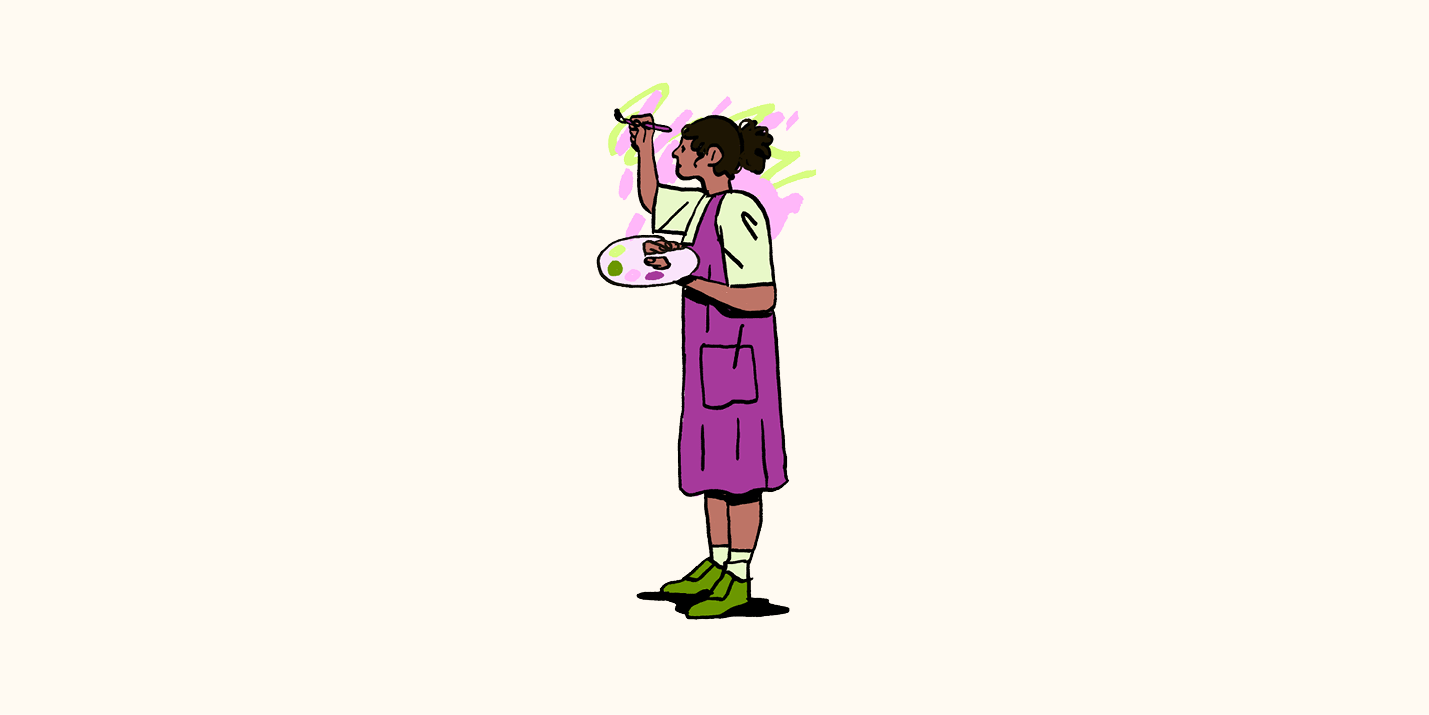  A person wearing purple overalls holds a paint palette and uses green and purple colors to paint a wall.
