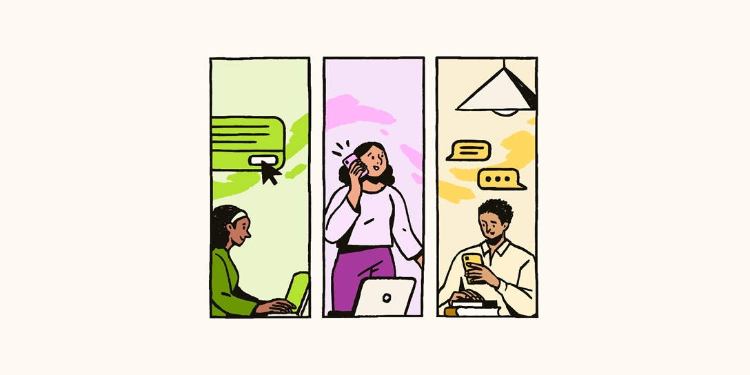 Eine dreiteilige Illustration zeigt drei Personen, die KI für Customer Success nutzen.