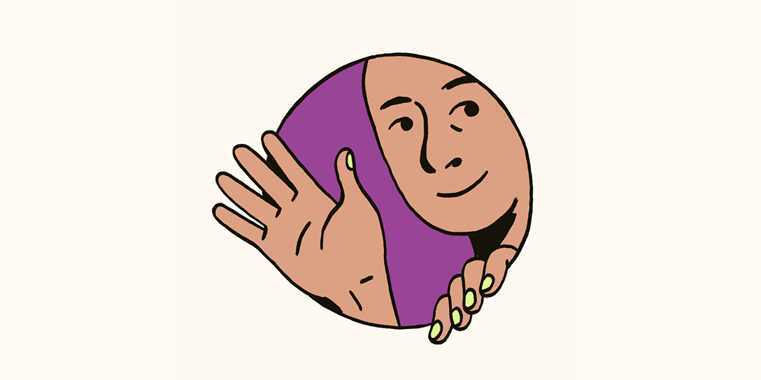 An illustration shows a person peeking through a peephole and waving to the viewer.