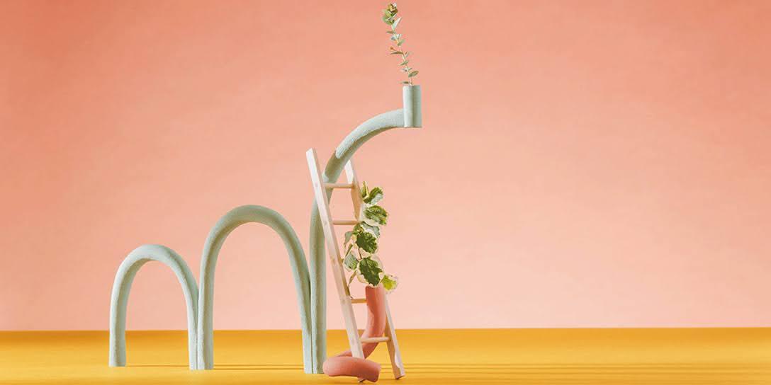 Une échelle avec une plante enchevêtrée repose sur une structure blanche incurvée.