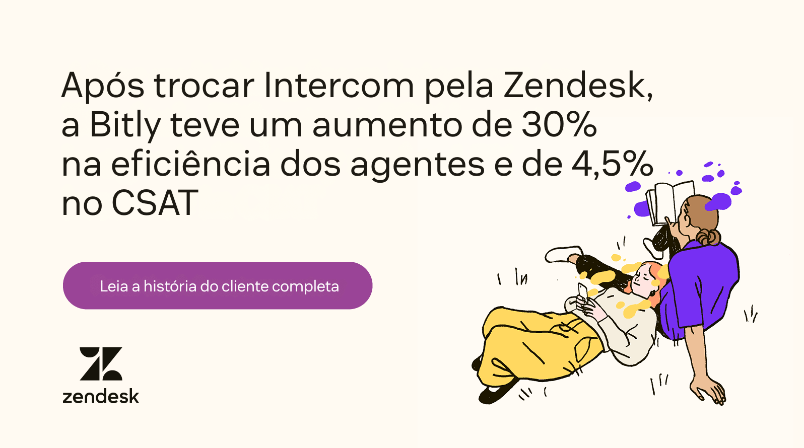 An illustration of two people lounging in the grass shows how Bitly benefits from using Zendesk for customer support.