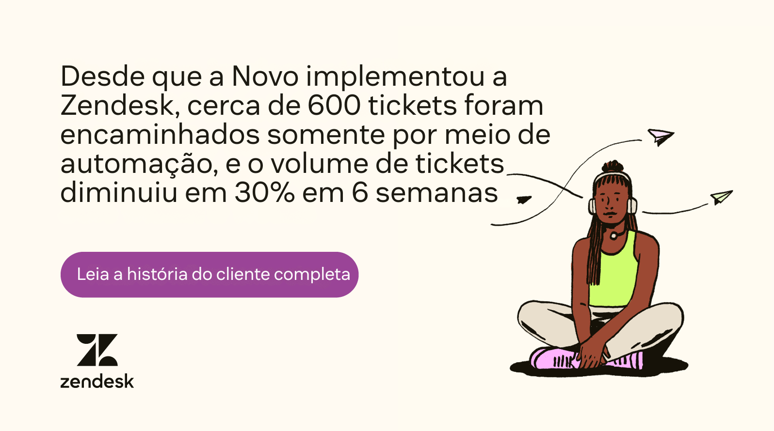An illustration of a person sitting and wearing headphones shares how Novo benefits from using Zendesk ticketing systems.