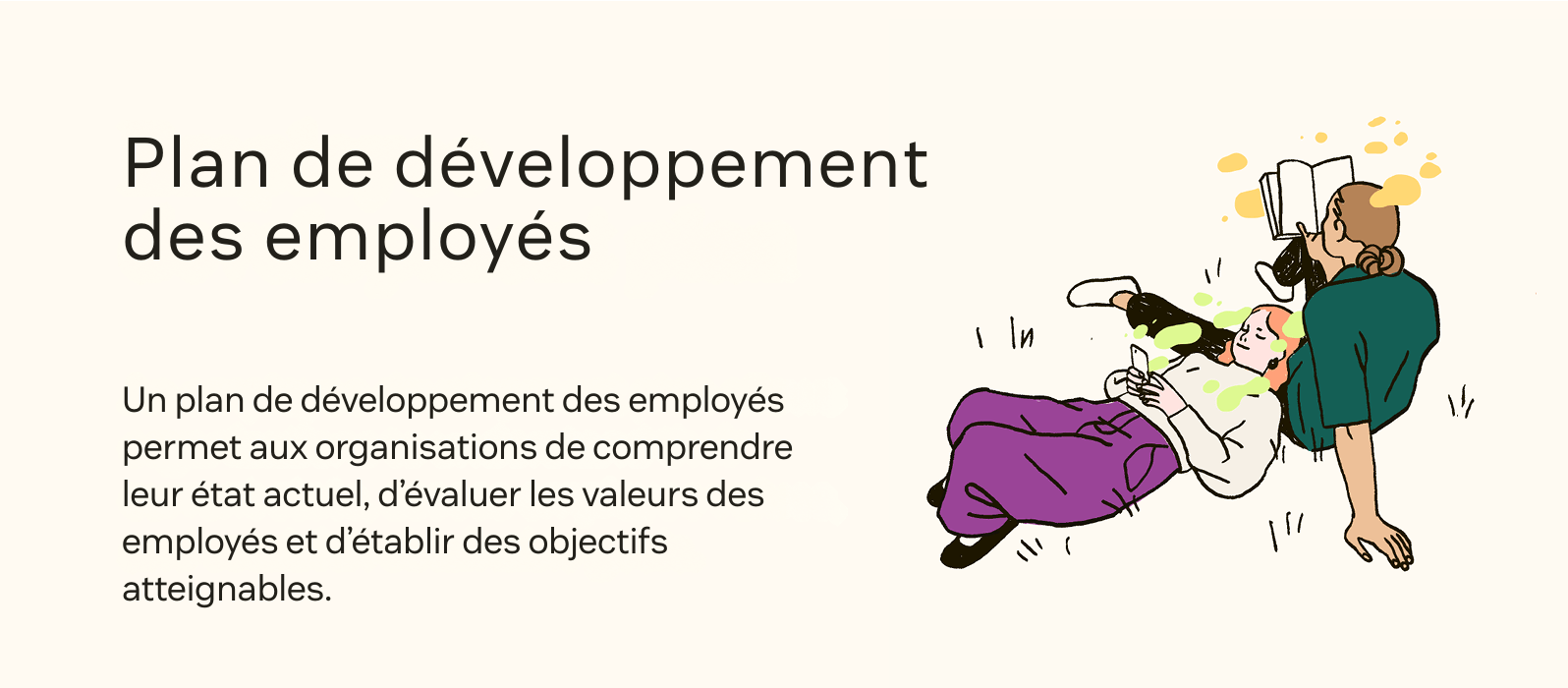 Une définition d’un plan de développement des employés est accompagnée d’une illustration de deux personnes se détendant dans un champ.