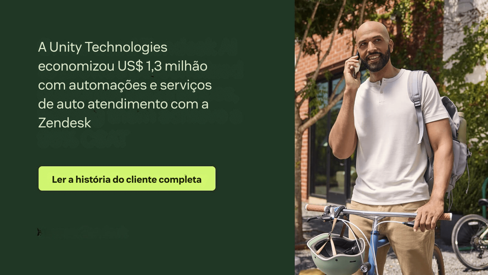 Homem em pé fala ao telefone ao lado de um texto com estatística sobre o uso de IA na Unity.
