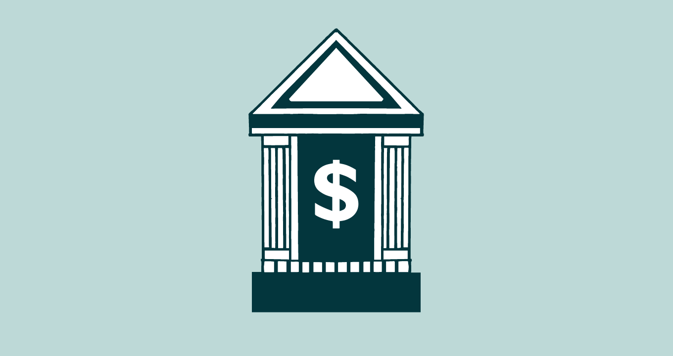 Illustration showing a building with a dollar sign on it, representing a bank or financial institution