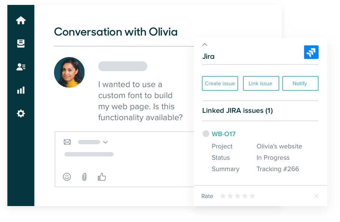 Zendesk Agent Workspace showing conversation with Olivia using JIRA integration to create tickets.