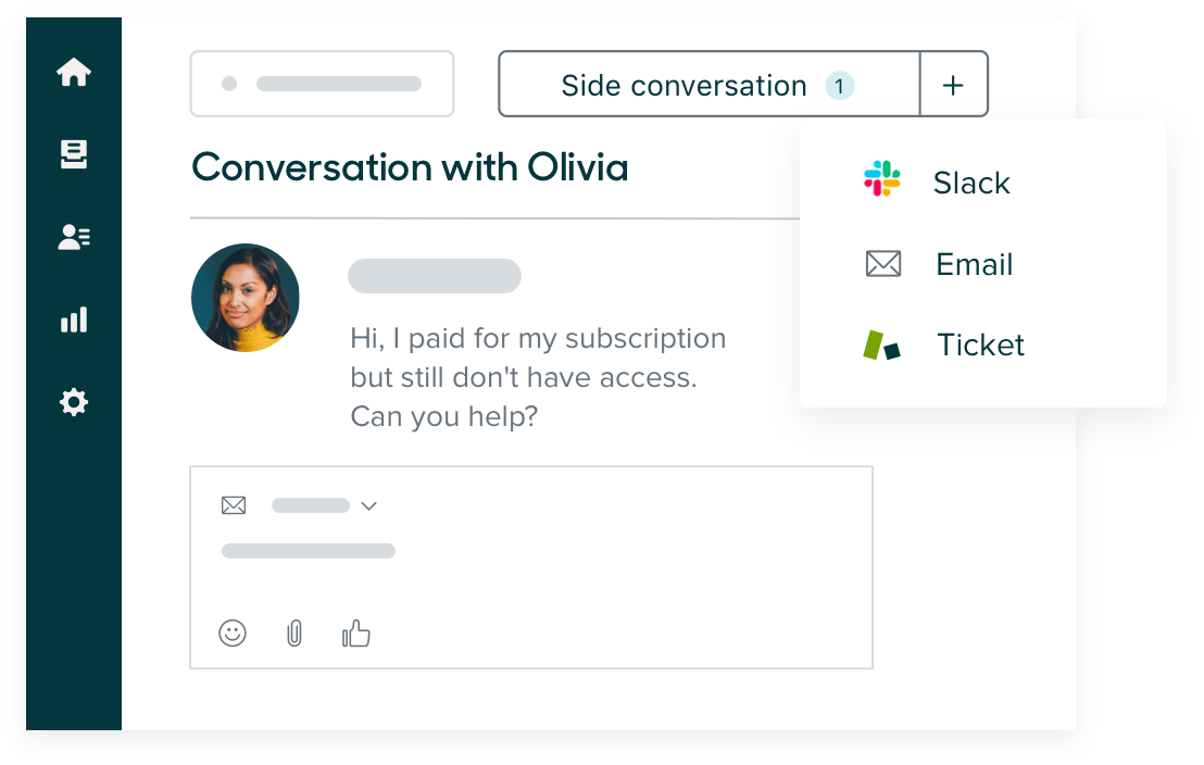 Zendesk Agent Workspace showing conversation with Olivia using Side Conversations