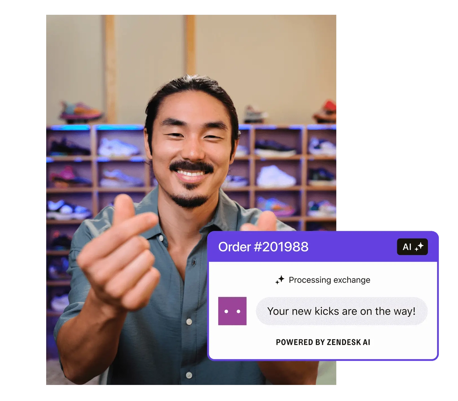 A man smiles and makes heart shapes with his fingers. Behind him is a large cabinet filled with colourful sneakers. A screenshot placed on top of the image shows a customer service interaction where an AI-powered bot is automatically processing a sneaker return.