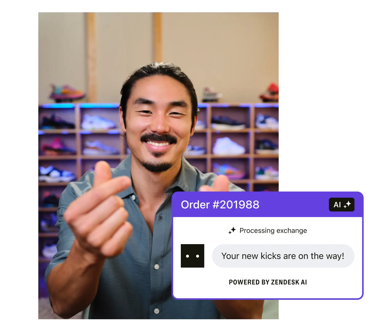 A man smiles and makes heart shapes with his fingers. Behind him is a large cabinet filled with colourful sneakers. A screenshot placed on top of the image shows a customer service interaction where an AI-powered bot is automatically processing a sneaker return.