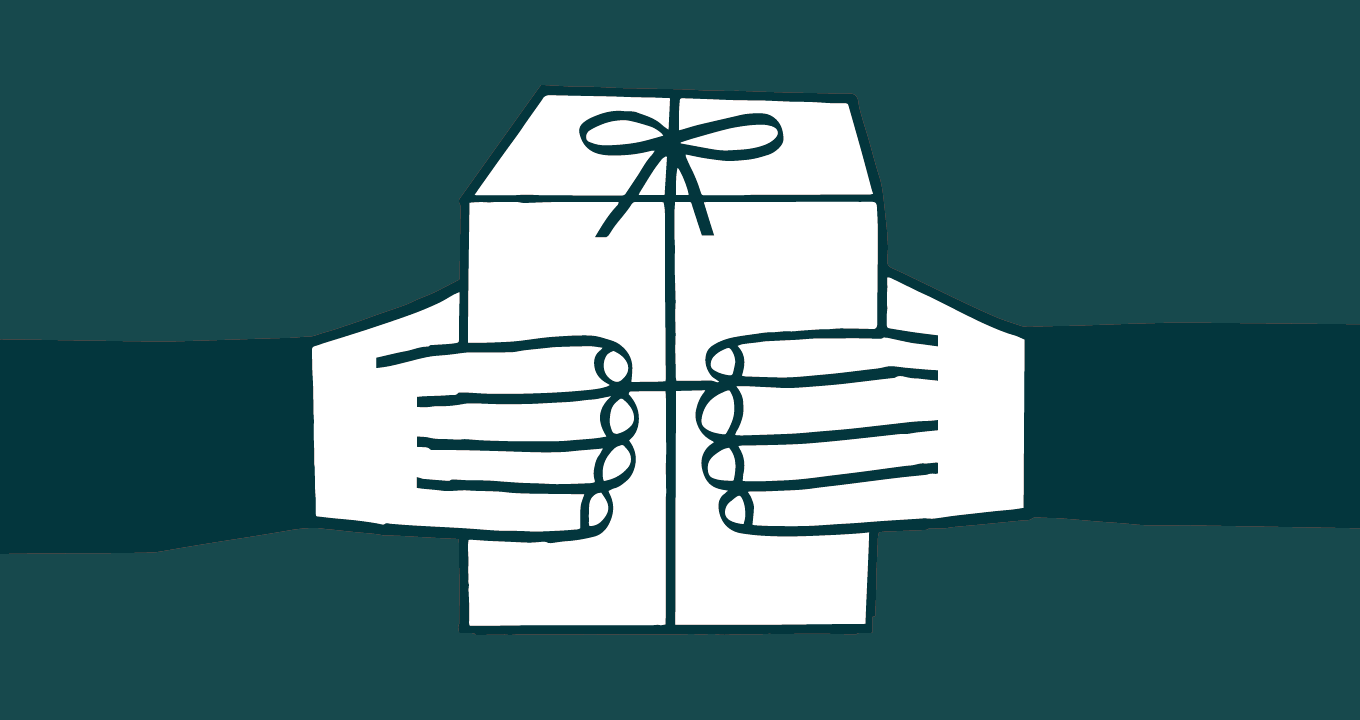 Illustration showing two hands holding a wrapped gift 