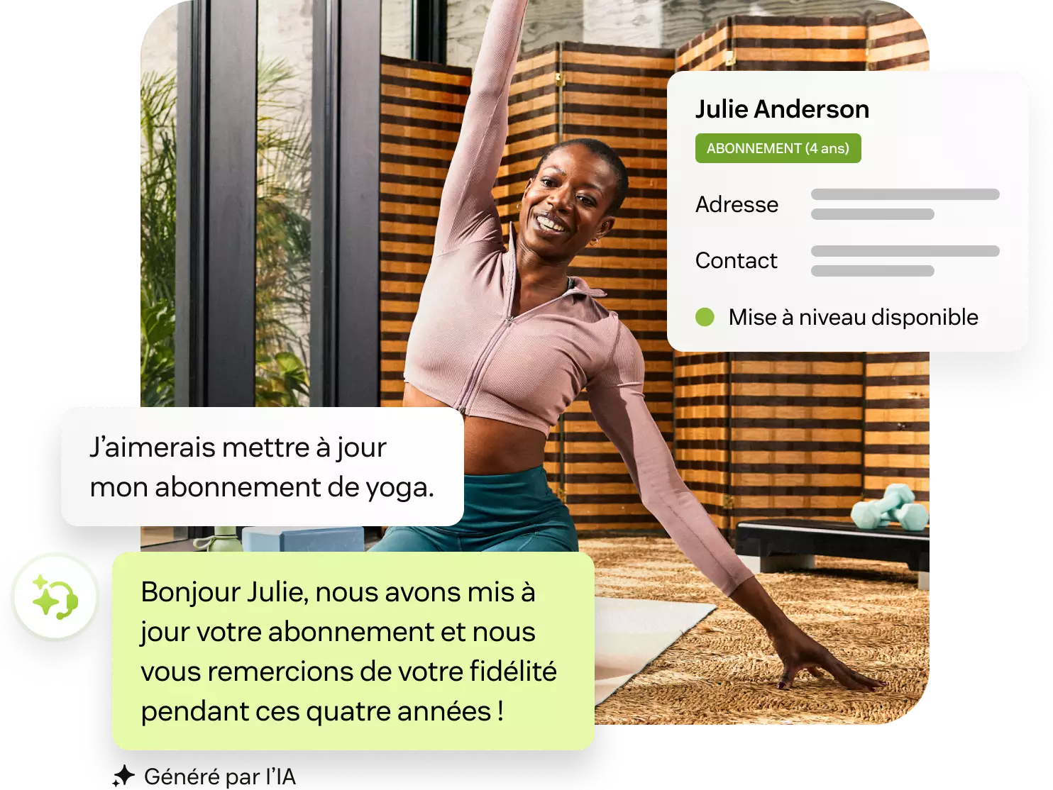 Femme faisant du yoga, à côté un chat sur la mise à niveau de son abonnement avec une réponse personnalisée.