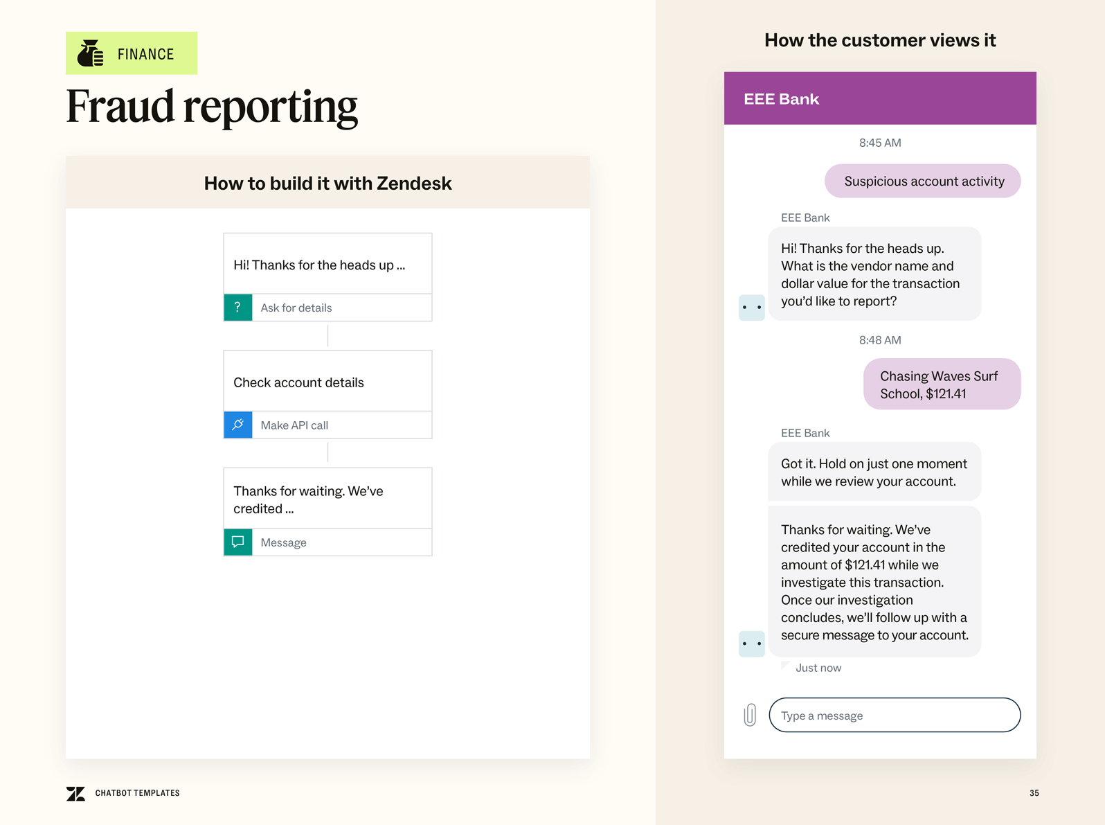 A preview of the chatbot template to use when a customer reports a fraudulent transaction.