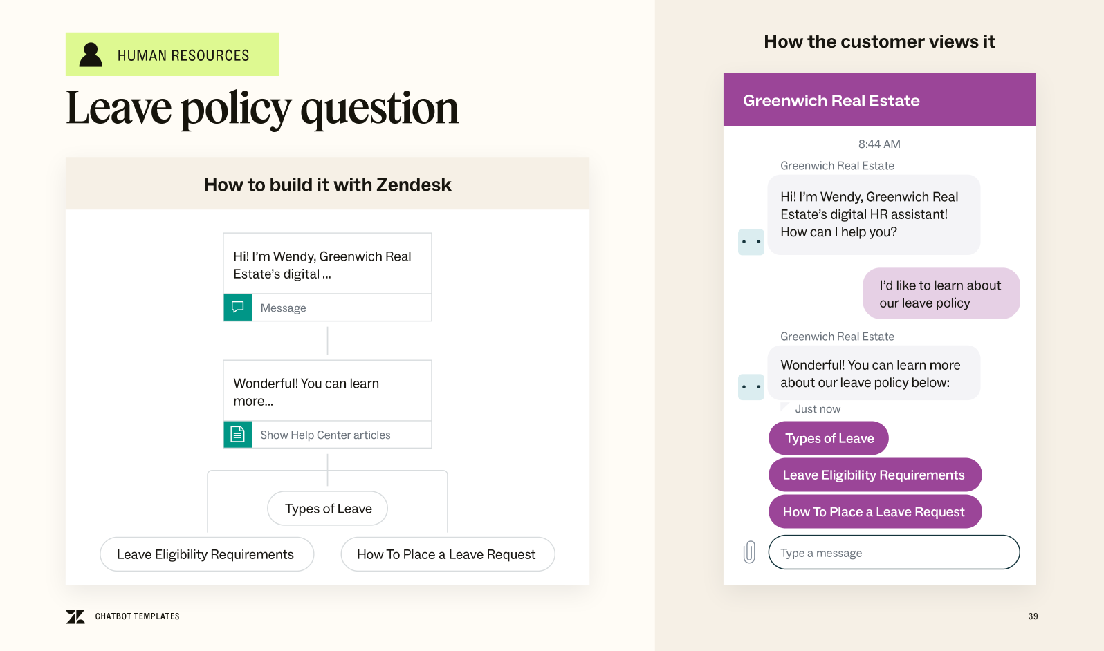 A preview of the chatbot template for answering leave policy questions.