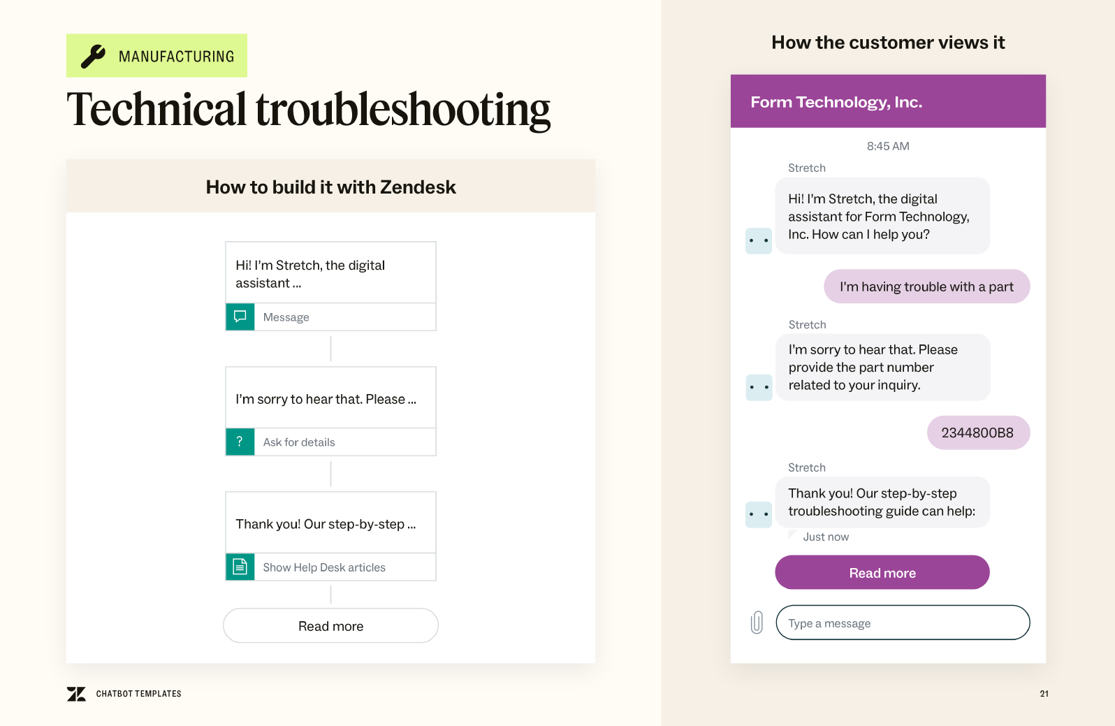 A preview of the chatbot template for troubleshooting technical issues in manufacturing.