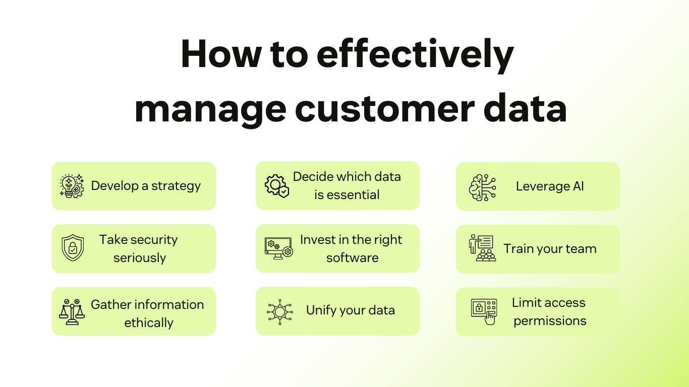A chart with tips on managing customer data, listing nine strategies.