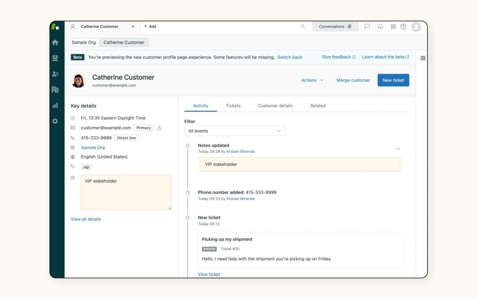 Eine Vorschau der herunterladbaren Zendesk Agent Workspace Kundenprofil-Vorlage.