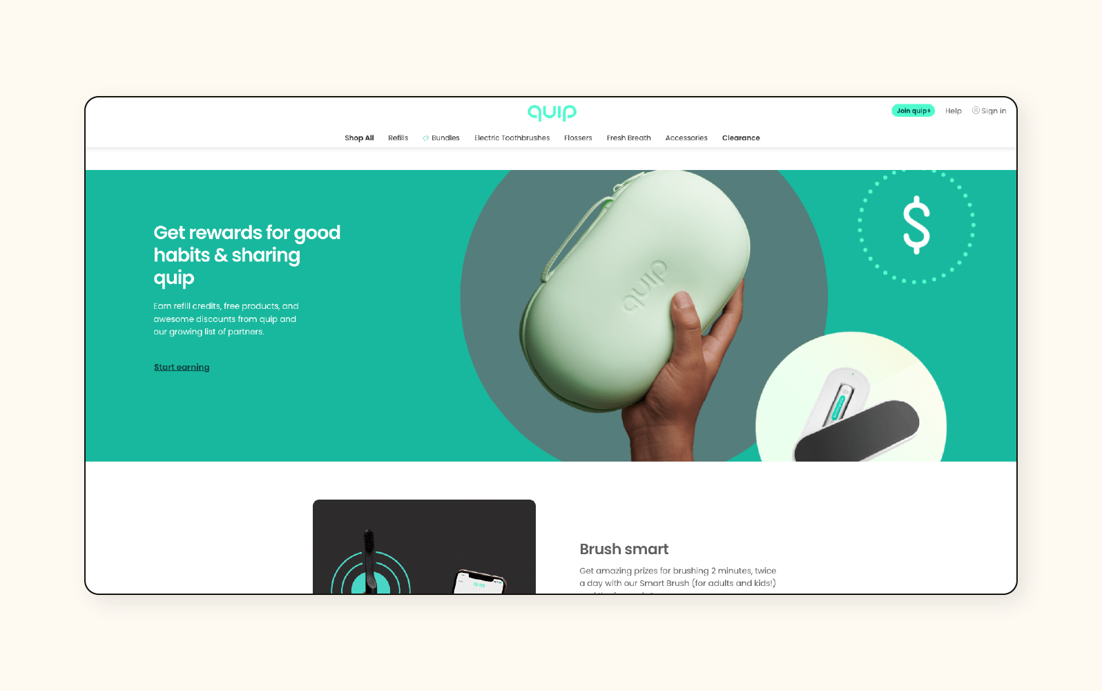 Captura de pantalla de la página de inicio del sitio web de Quip.