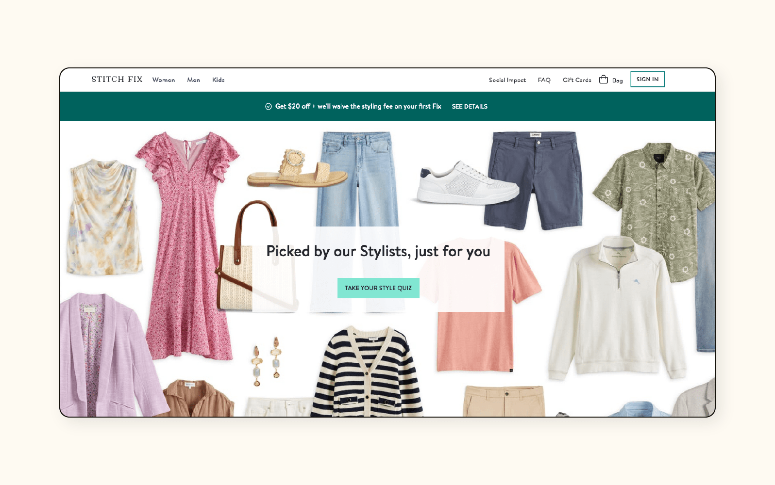 Captura de pantalla de la página de inicio del sitio web de Stitch Fix.