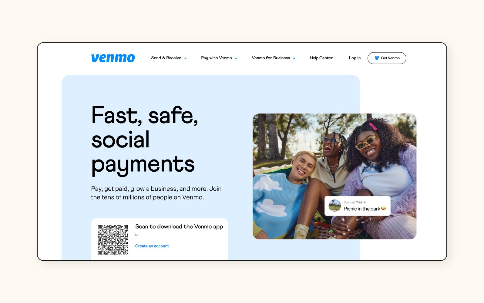 An image of the Venmo website homepage.