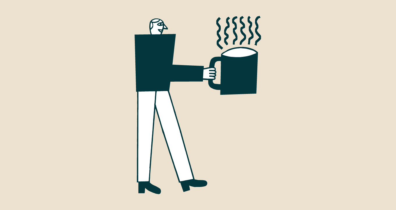一個人站著手握冒出蒸氣的咖啡杯的插圖。