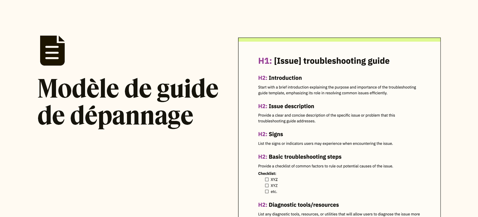 Un extrait montre un modèle d’article de la base de connaissances pour un guide de dépannage.