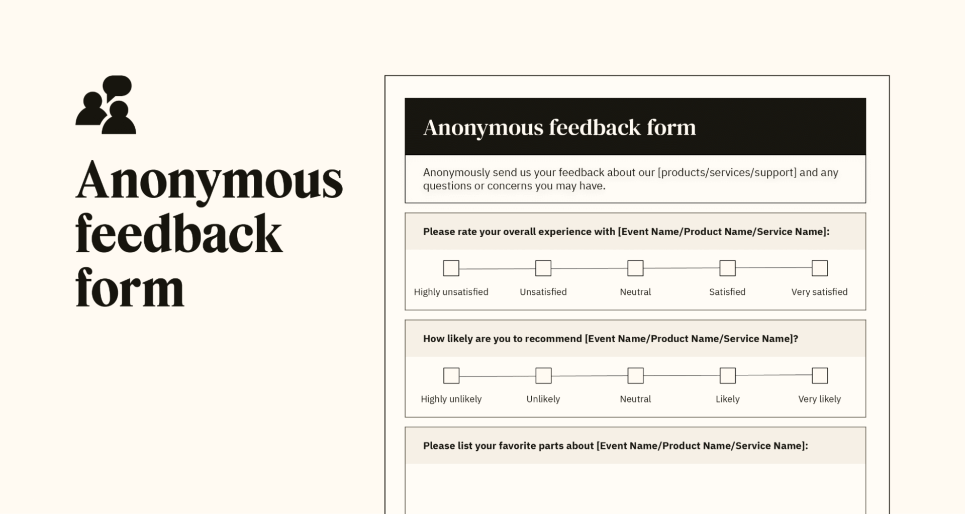 Un aperçu d’un modèle de formulaire de feedback anonyme personnalisable.