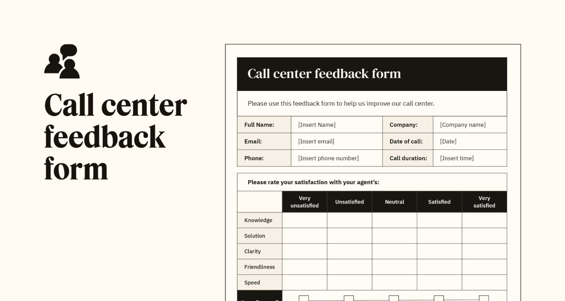 Un aperçu d’un modèle de formulaire de feedback personnalisable du centre d’appels.