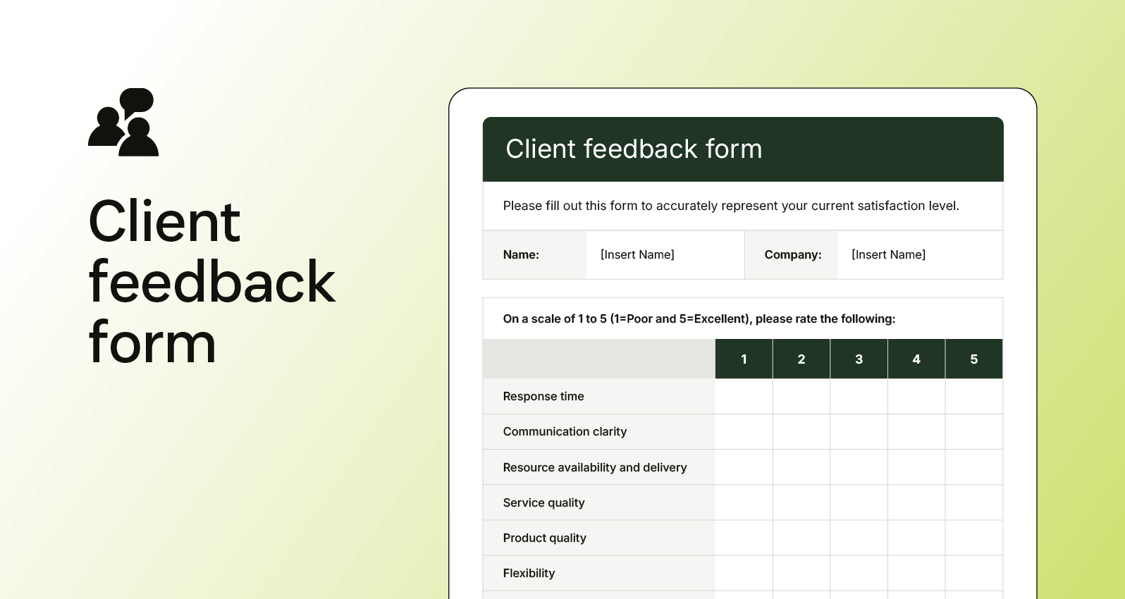 Screenshot of a client feedback form showing rating scales for service quality, response time, and communication clarity.