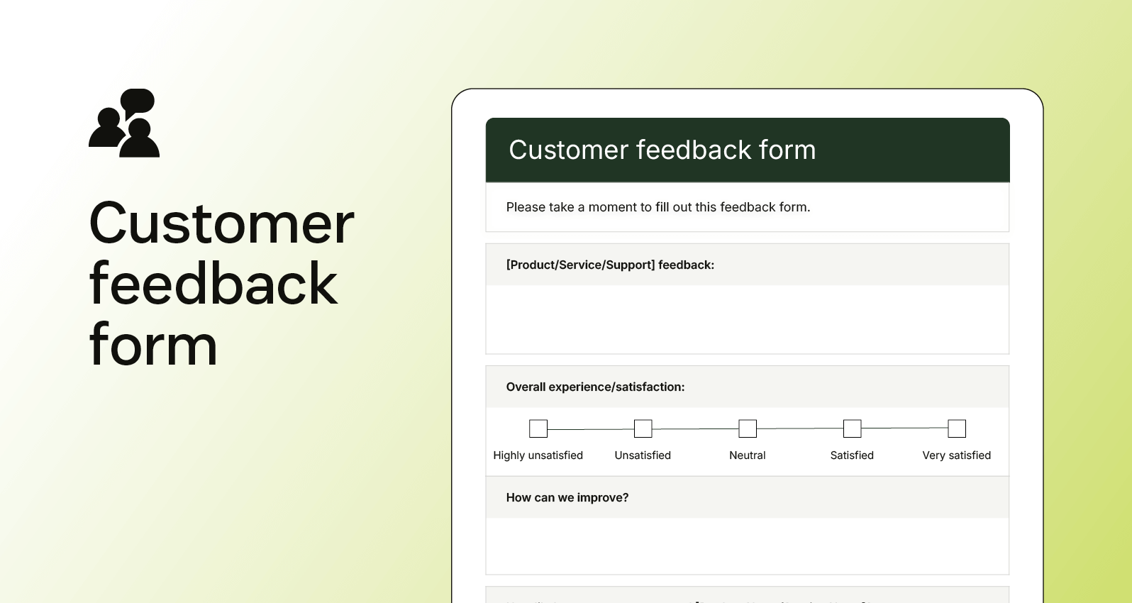 Screenshot of a customer feedback form featuring overall satisfaction questions and suggestions for company improvements.