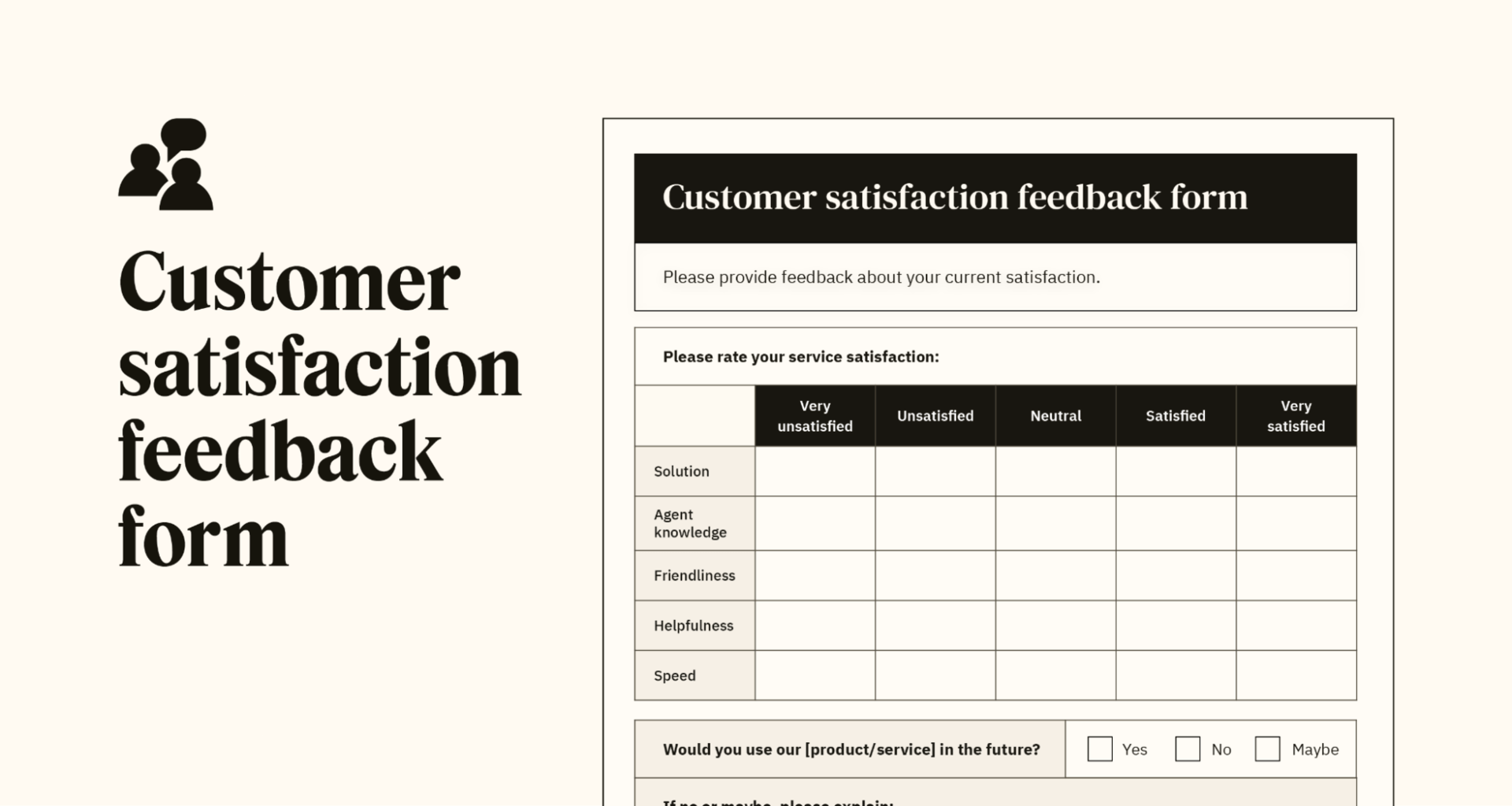 Un aperçu d’un modèle de formulaire de feedback personnalisable sur la satisfaction client.