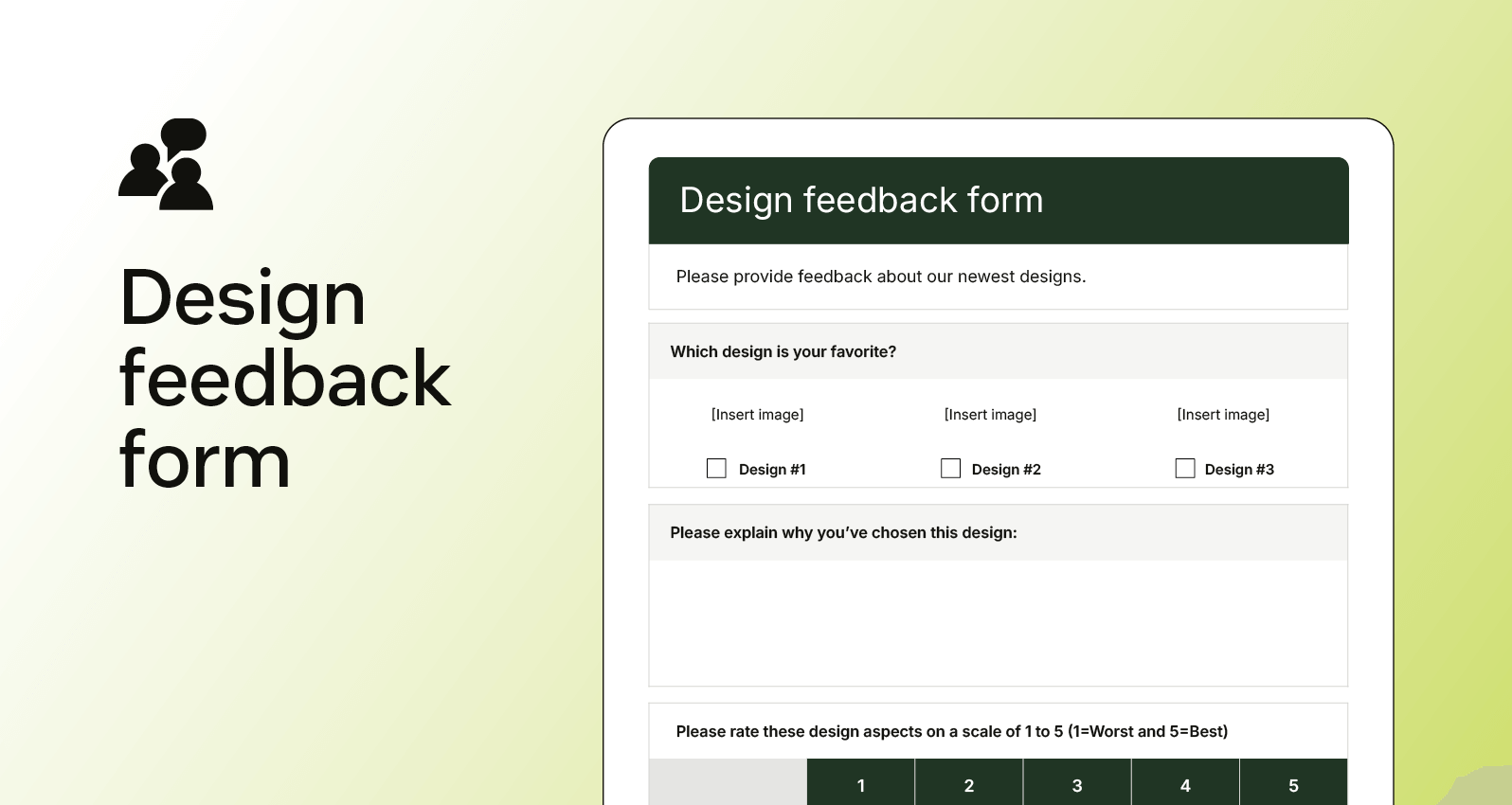 Screenshot of a design feedback form with rating scales and options for selecting a preferred design style.