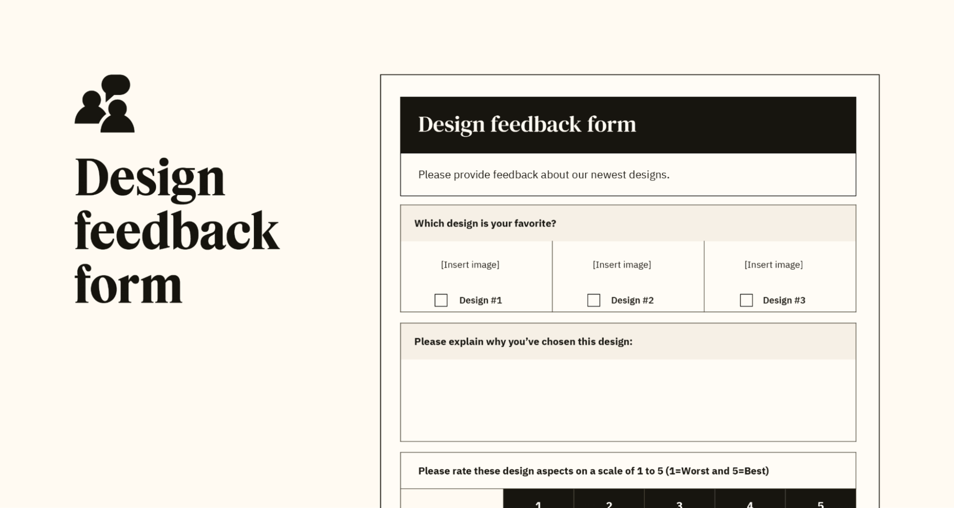 Un aperçu d’un modèle de formulaire personnalisable de feedback sur le design.