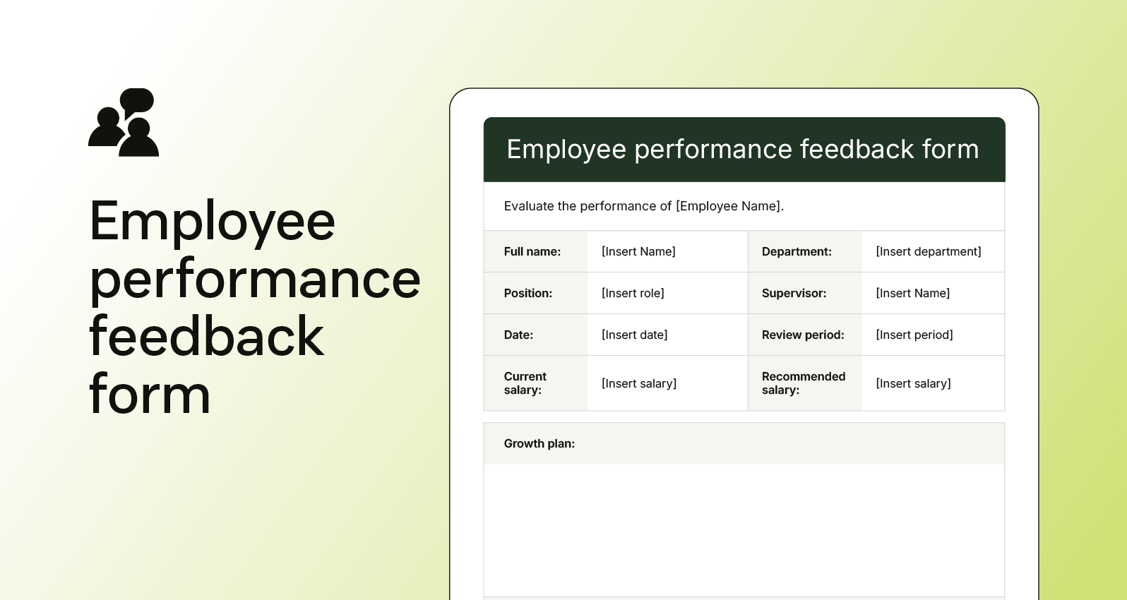 Screenshot of an employee performance feedback form with evaluations for work quality, salary, and growth planning.