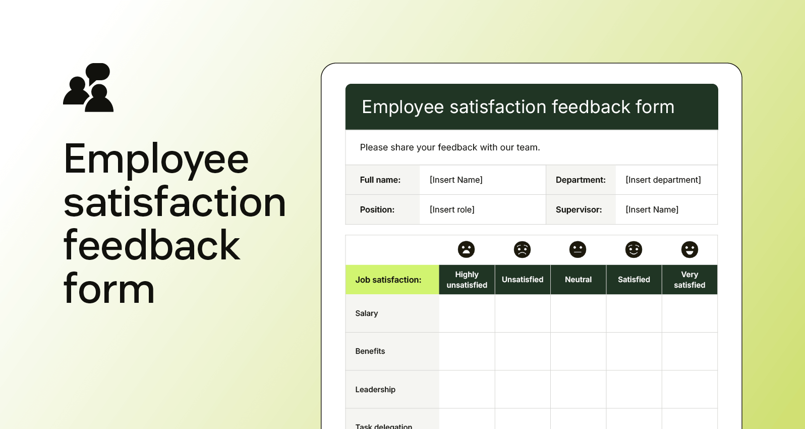 Screenshot of an employee satisfaction feedback form rating salary, leadership, benefits, and task delegation quality.