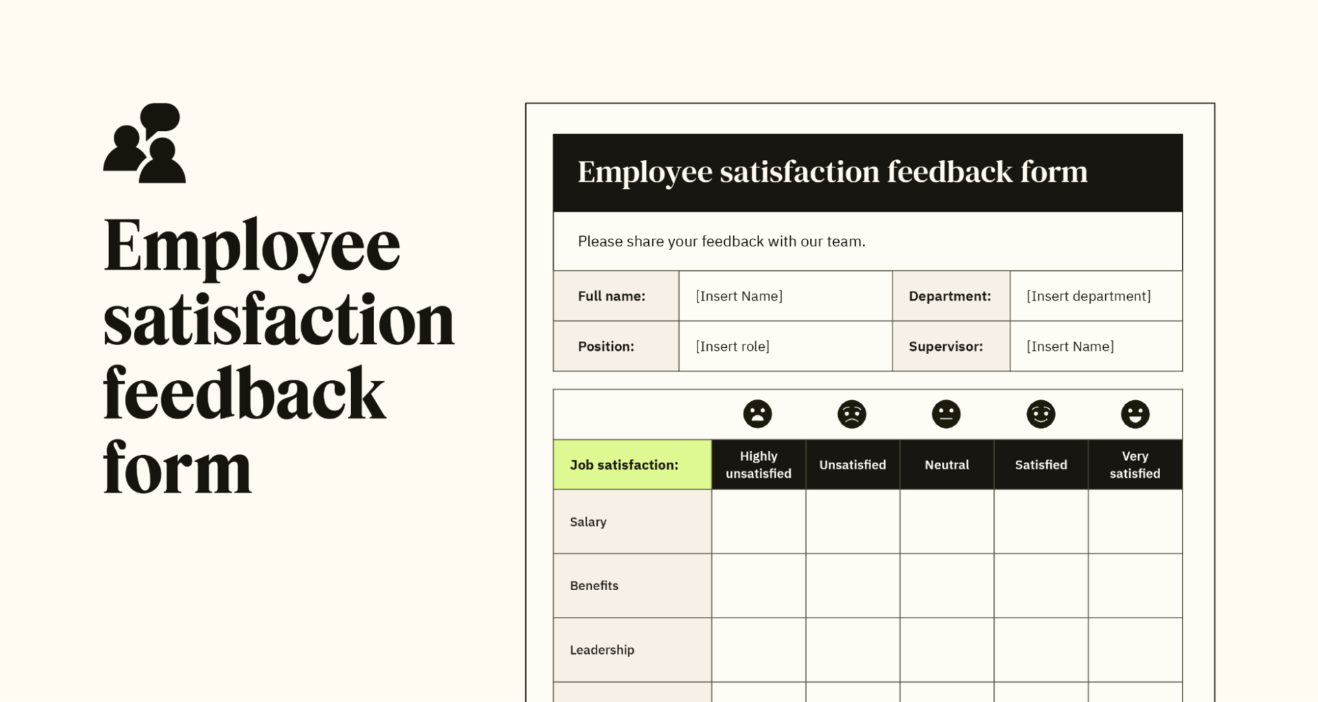 Un aperçu d’un modèle de formulaire de feedback personnalisable sur la satisfaction des employés.