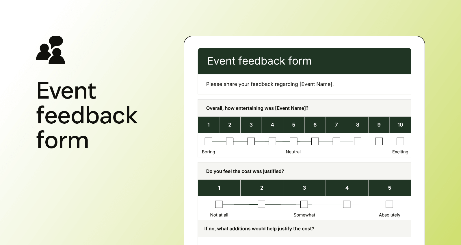 Screenshot of an event feedback form asking attendees to rate entertainment value and whether the cost was worth it.